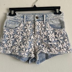 Roxy boho embellished acid wash jean shorts